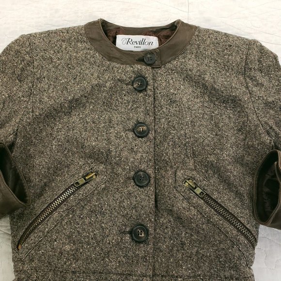 Revillon Paris Cashmere Wool Blend Button Up Jacket Leather Trim Womens Sz 36 - Picture 8 of 13